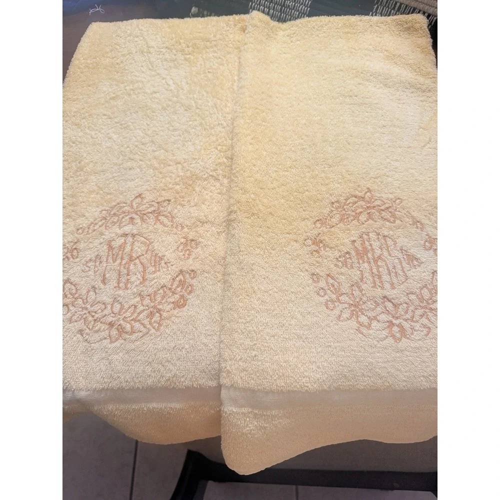 Vintage Wedding Set Mr. And Mrs. Embroider Yellow Bath Towels by Martex MCM